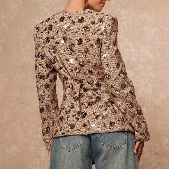 Khaki Elegant Women's Sequin Embroidered Hollow Out Cinched Tweed Blazer - Picture 2 of 8